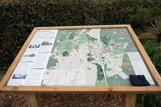 Horndean, Hampshire, England. April 1st 2026. Tourist information map and heritage trail board in the village of Horndean Hampshire