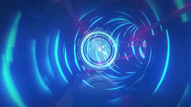 Animation of ticking clock over neon tunnel in seamless pattern against blue background