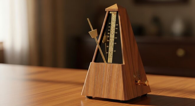 Wooden mechanical metronome sits on a polished desk to assist with musical rhythm and tempo.