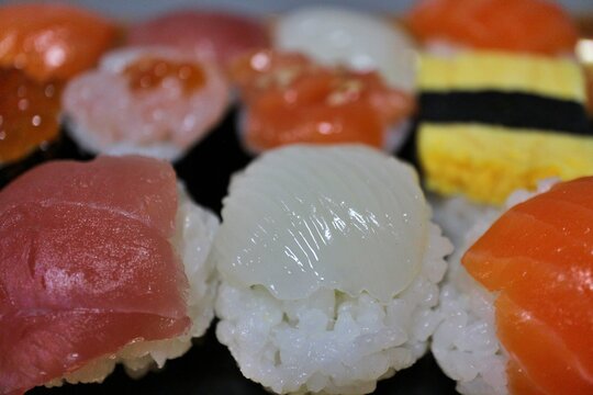 Squid temari-zushi (ball-shaped sushi) purchased at a supermarket in Tokyo, Japan