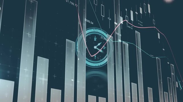 Animation of financial data processing over clock on black background