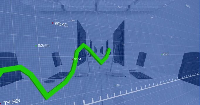 A green statistic line is increasing on a digital display over a grey grid with numbers and markers