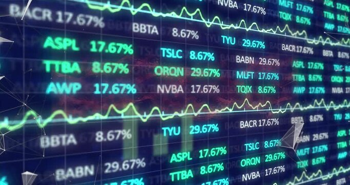 Animation of trading board over connected dots, graphs and wave pattern against abstract background