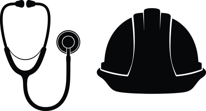 Safety and healthcare a black silhouette of a hard hat and stethoscope