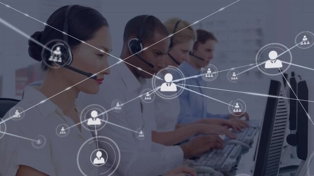 Animation of connected icons over diverse service agents wearing headphones working on computer