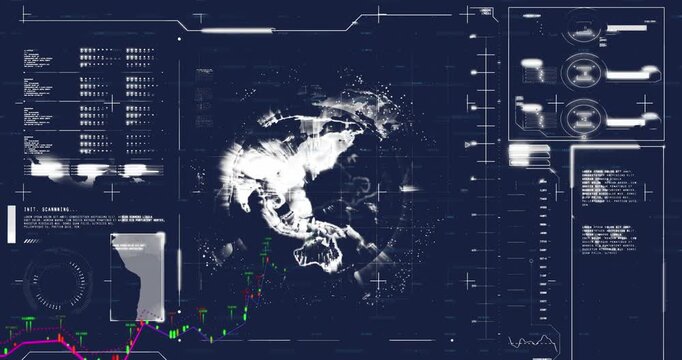 Animation of graph over computer language, loading bars against globe on abstract background