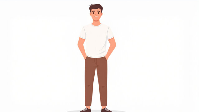 Casual Male Character Wearing White T Shirt and Brown Pants Vector Illustration