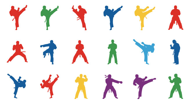 Karate silhouettes in various colors showcasing martial arts techniques and movements.