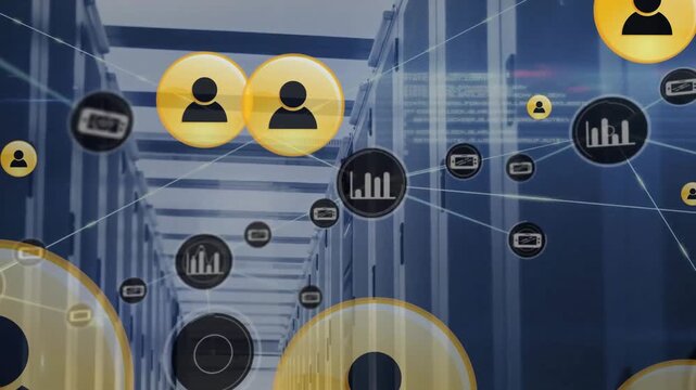 Animation of people icons and network of data transferring over computer server room