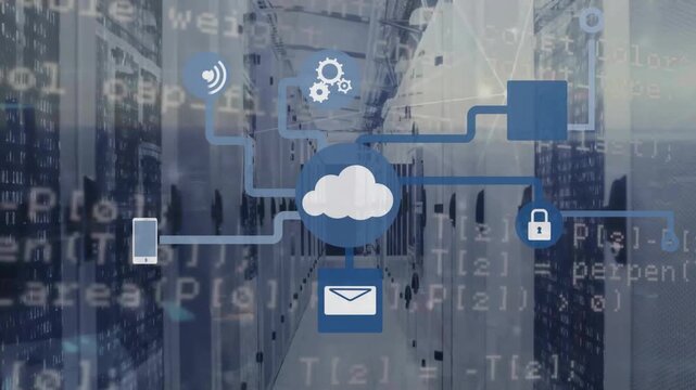 Animation of cloud icon with network of connections and data processing over computer servers