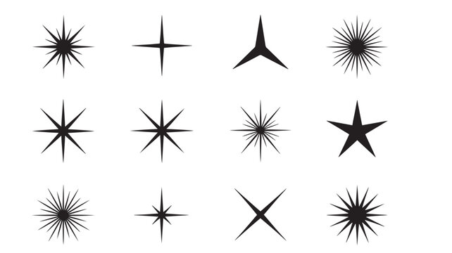 Collection of twelve diverse star and sparkle icons in black on a white background, isolated vector shapes