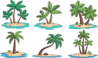 Tropical palm tree island collection featuring cartoon style coconut trees on small sandy islands with turquoise ocean water isolated on a white background. © Mdjuyel