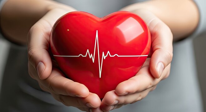 Hands holding a red heart with heartbeat line symbolizing love and health