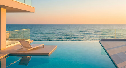 Obraz premium Luxury Seaside Retreat at Sunset – Modern Infinity Pool with Serene Ocean View.