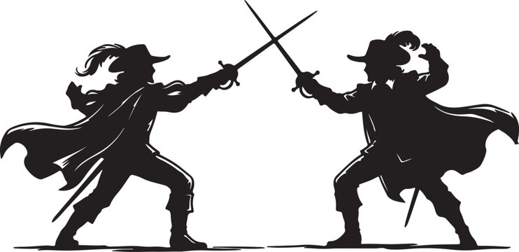 Two swashbucklers in silhouette dueling with swords