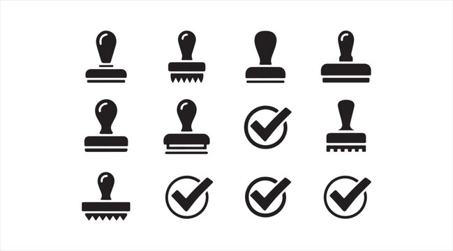 Collection of stamp and checkmark icons for approval, validation and certified document concepts in minimal vector style