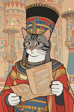 Egyptian Cat in Pharaoh's Attire with Papyrus Scrolls