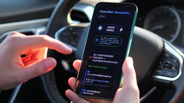 Cinematic shot of a mobile email hack in a car. Features a detailed dark UI with compromised data lists. Ideal for crime thrillers, cybersecurity ads, and digital espionage storytelling. High-quality