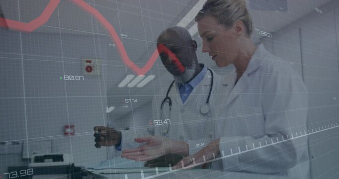 Doctors pointing at blue folder, initiating animated red trend line while analyzing health data