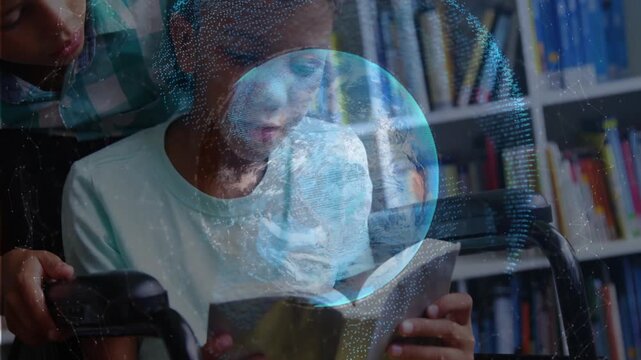 Seated boy turning pages as holographic globe appearing over book, second boy leaning, education