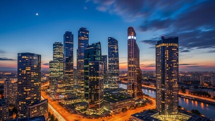 Obraz premium Moscow City Skyline at Dusk A Stunning View of Modern Architecture and City Lights.