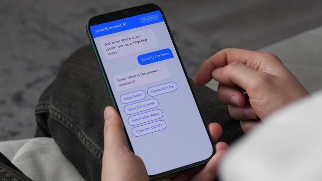Smart Home AI App Configuration UI Close-up. Close-up of a man using an AI-powered app to set up home security cameras. Smooth interface navigation showing automation rules and Wi-Fi settings. 