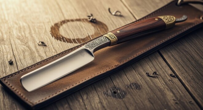Elegant straight razor with a wooden handle rests on a leather strop atop a rustic wooden surface.