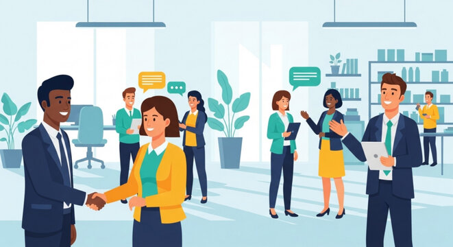 Business colleagues shaking hands in modern office with team members interacting in background