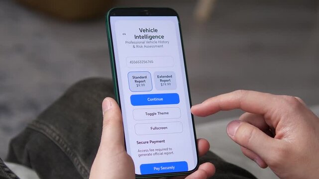 Checking vehicle history on a smartphone app. User selects a report type and pays securely to access accident and ownership records. Essential for car buyers and automotive services. High-quality 4K