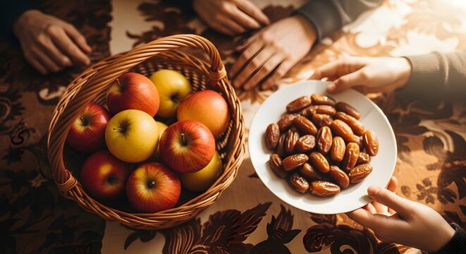 Autumn harvest bounty a woven basket of apples and a plate of delicious pastries