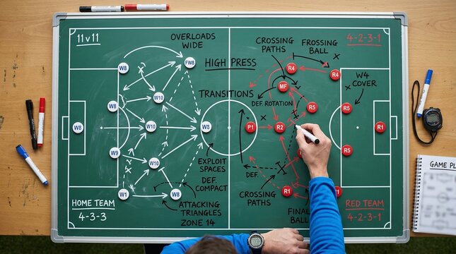 Football tactical board with strategy drawings, arrows and formations, coach planning game, top view, clean composition, minimal background, realistic style