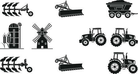Set of Agricultural Machinery Silhouettes Featuring Tractors Plows Windmills and Grain Silos for Farming Industry Marketing Rural Landscape Design and Sustainable Food Production Graphics © Mdjuyel