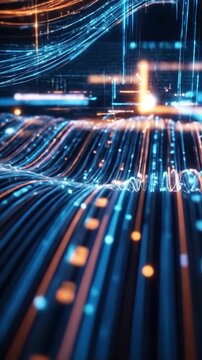 Blue fiber optic cables glow with data flowing through digital network infrastructure