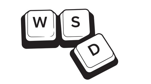 Keys W, S, and D from a computer keyboard are arranged diagonally on a white background, symbolizing gaming controls.