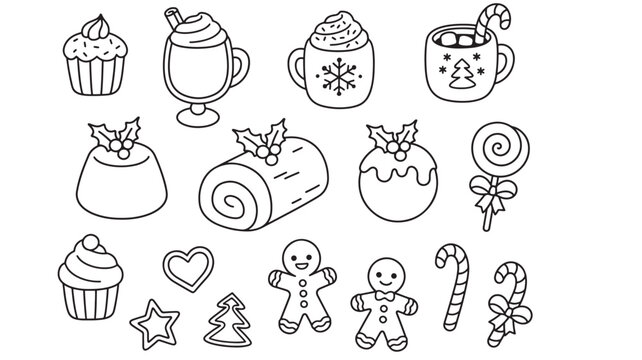 Holiday treats and sweets collection with cupcakes, puddings, candy canes, gingerbread cookies, and hot chocolate drinks, all drawn in a simple black