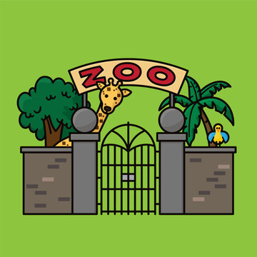 Zoo entrance with giraffe, bird and trees vector illustration for Zoo Lovers Day on April 8
