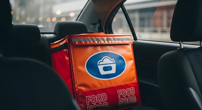 Doordash delivery bag hanging in a car food delivery service in transit