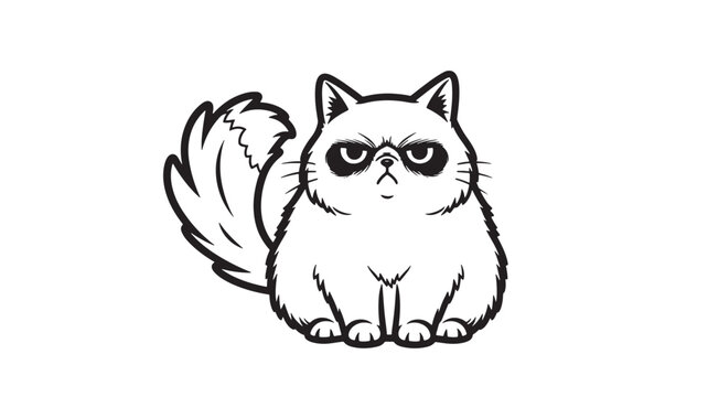 Cat with a grumpy expression and fluffy tail in a bold black outline illustration style featuring feline, animal, pet with vector and cartoon