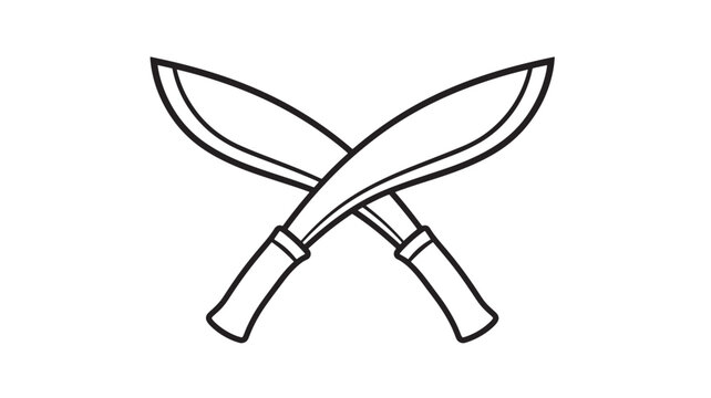 Kukri knives crossed with bold black outline graphic representation on white background for design featuring weapon, blade, sharp with traditional