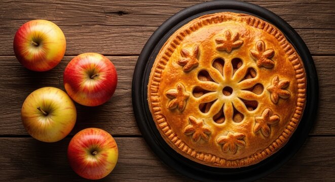 Top view of a freshly baked golden apple pie with a decorative floral crust pattern next to four ripe red apples on a rustic wooden table