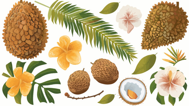 Illustration of tropical fruit, leaves, and flowers on a white background