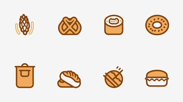 An array of eight brown-bordered food icons are set against a beige backdrop