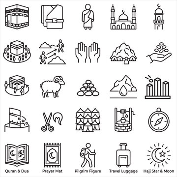 Hajj and Umrah Islamic Pilgrimage Vector Collection Kaaba Mosque Ihram Travel Symbols  Line Icons Set,