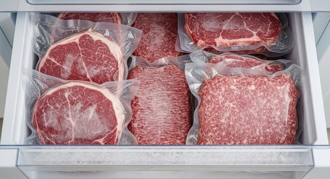 Top view of various cuts of raw beef steaks and ground meat vacuum packed in plastic bags stored in a refrigerator drawer