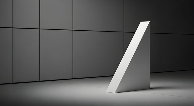 Minimalist abstract sculpture a white triangular prism in a dark room