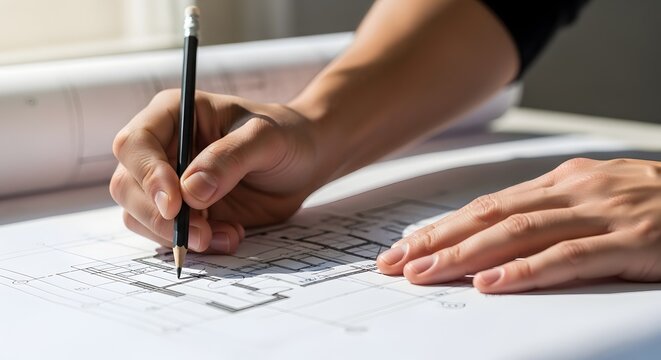 Architectural design in progress hands drafting a blueprint with precision and detail