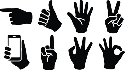 Obraz premium Vector silhouette illustration of diverse hand gestures including thumbs up, pointing, peace sign, OK symbol, smartphone use, and expressive poses