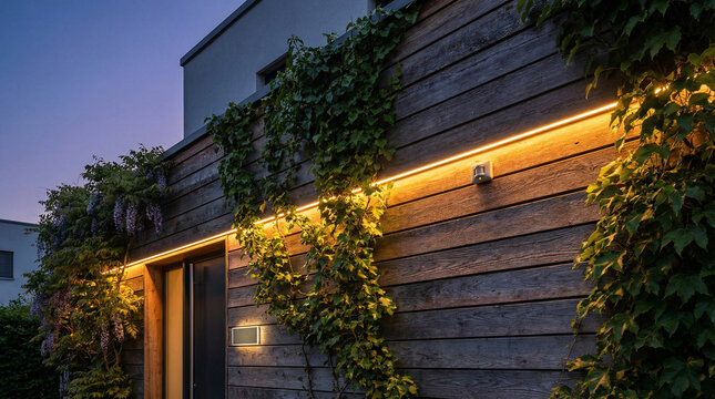 Outdoor led strip lighting on wooden house facade with climbing ivy plants evening exterior design