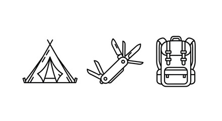 Camping gear icons including a tent knife and backpack silhouette © PAKE
