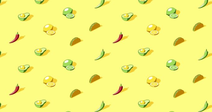 Seamless loop animation of Mexican food icons on yellow background